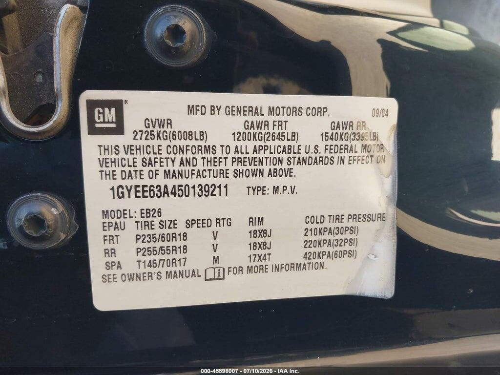 1GYEE63A450139211 2005 CADILLAC SRX photo no. 9