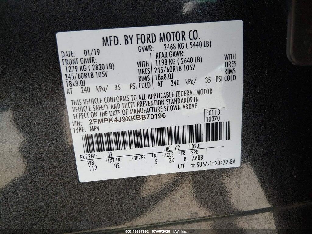 2FMPK4J9XKBB70196 2019 FORD EDGE photo no. 9