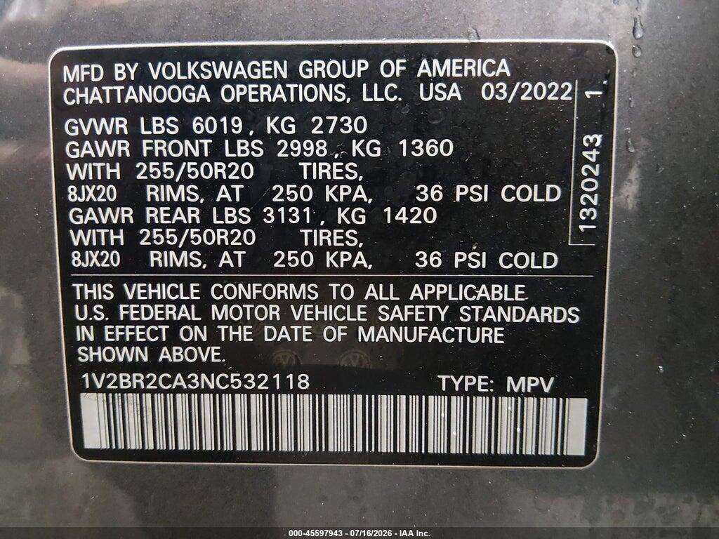 1V2BR2CA3NC532118 2022 VOLKSWAGEN ATLAS photo no. 9