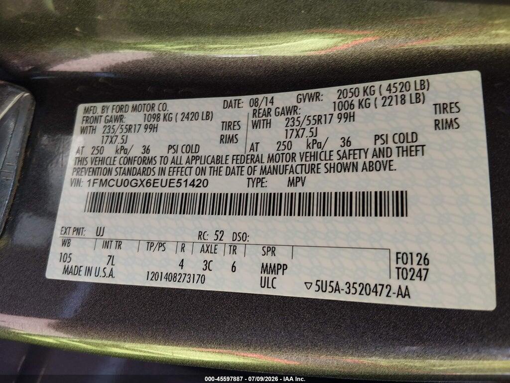 1FMCU0GX6EUE51420 2014 FORD ESCAPE photo no. 9