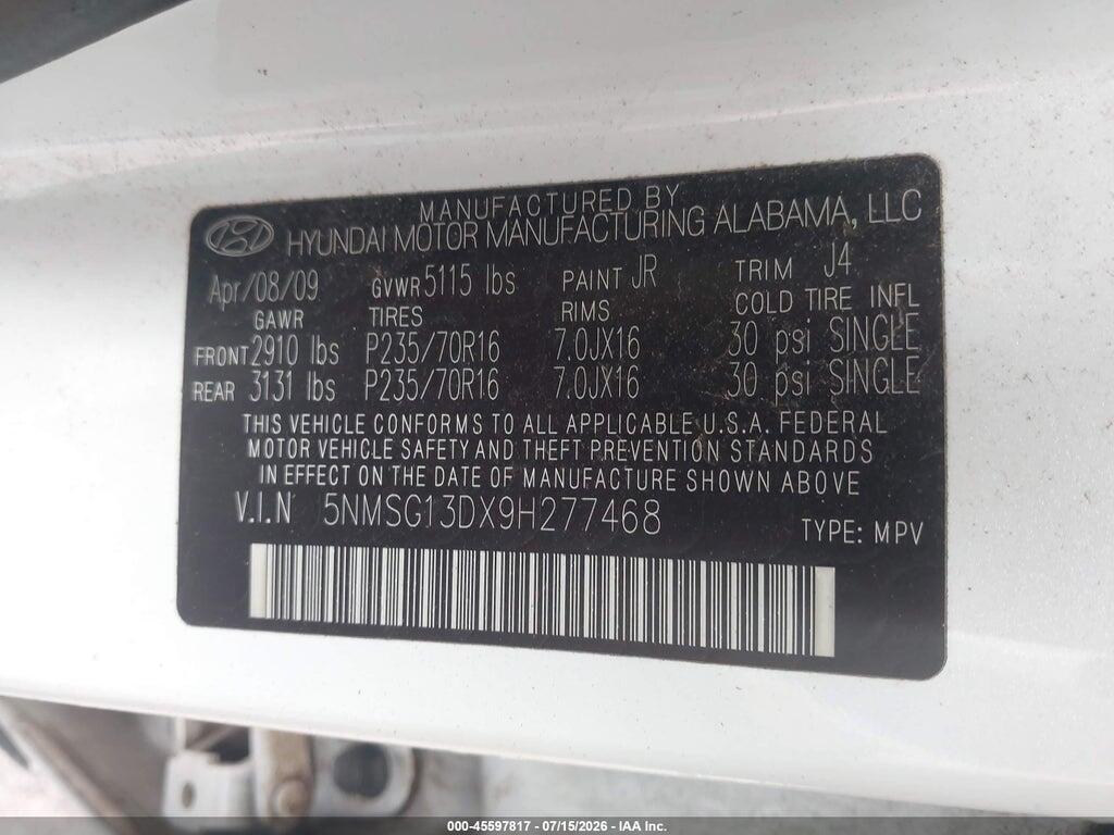 5NMSG13DX9H277468 2009 HYUNDAI SANTA FE photo no. 9