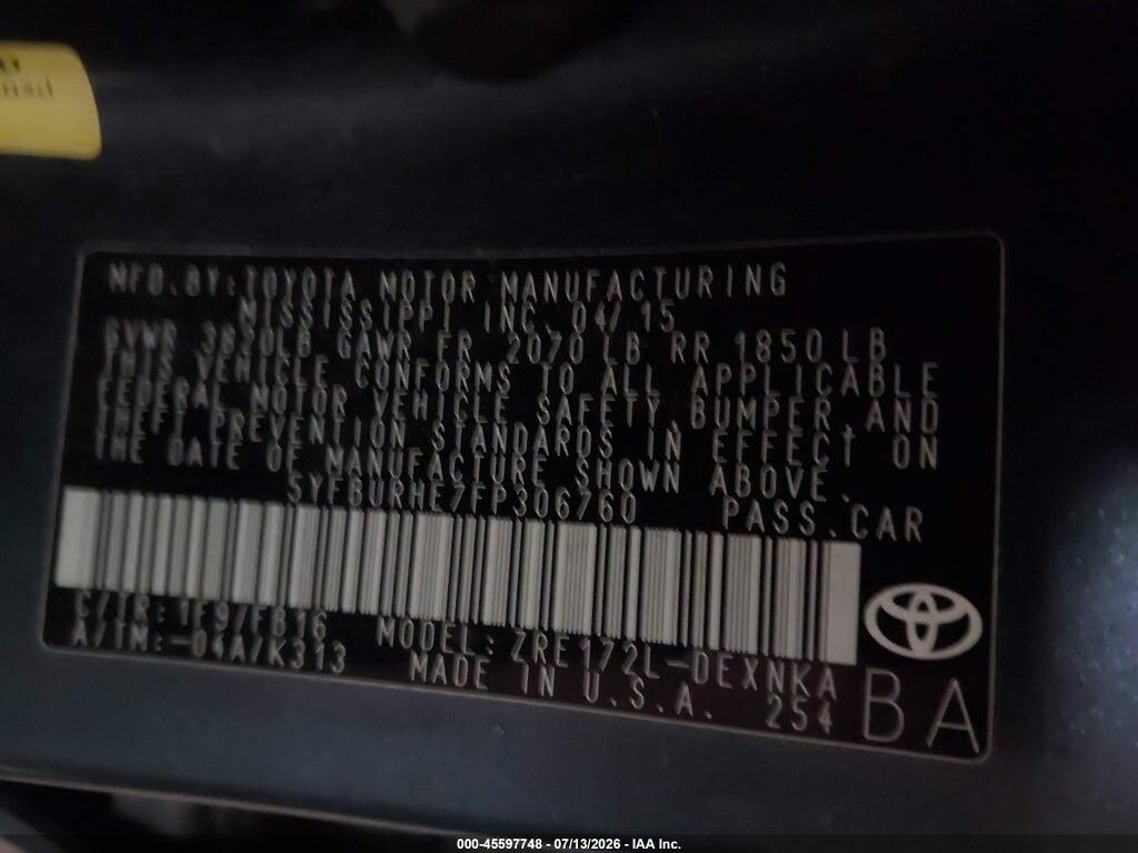 5YFBURHE7FP306760 2015 TOYOTA COROLLA photo no. 9