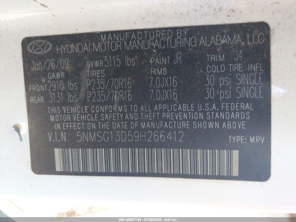 5NMSG13D59H266412 2009 HYUNDAI SANTA FE photo no. 9