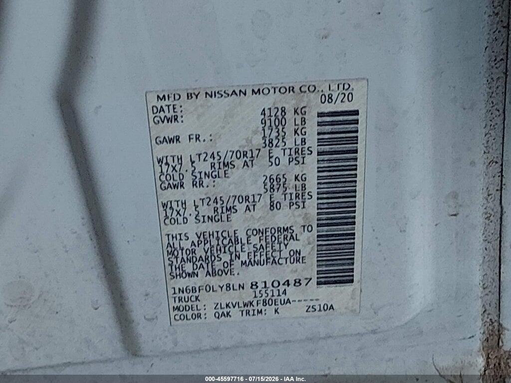 1N6BF0LY8LN810487 2020 NISSAN NV CARGO NV2500 HD photo no. 9