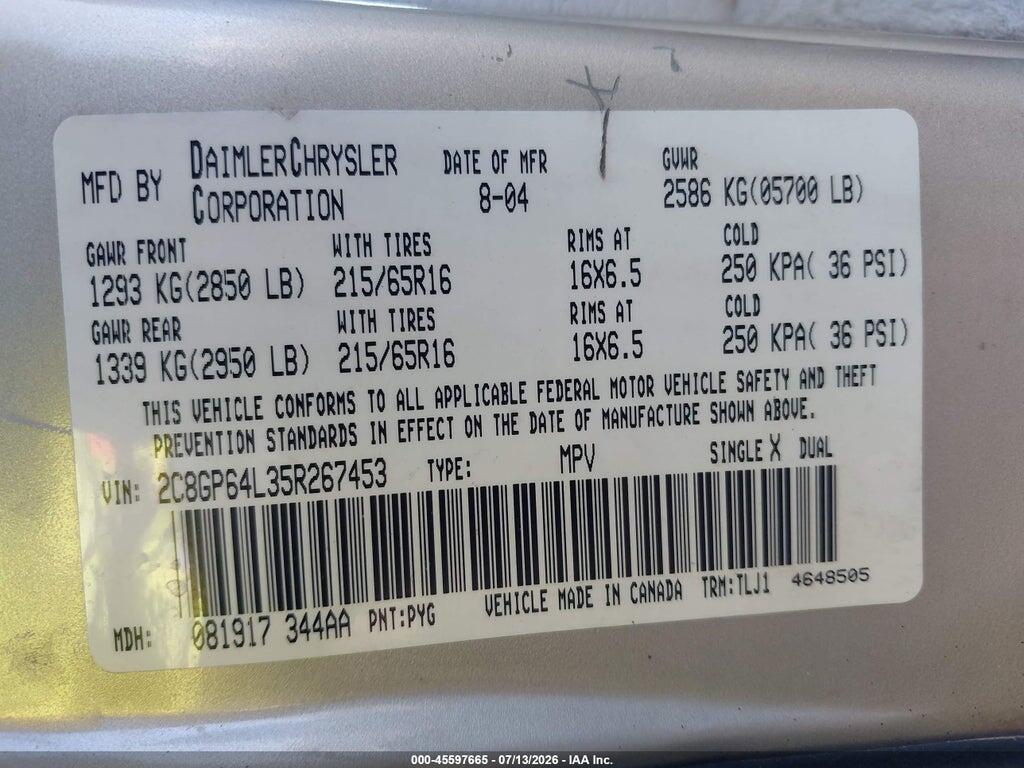2C8GP64L35R267453 2005 CHRYSLER TOWN & COUNTRY photo no. 9
