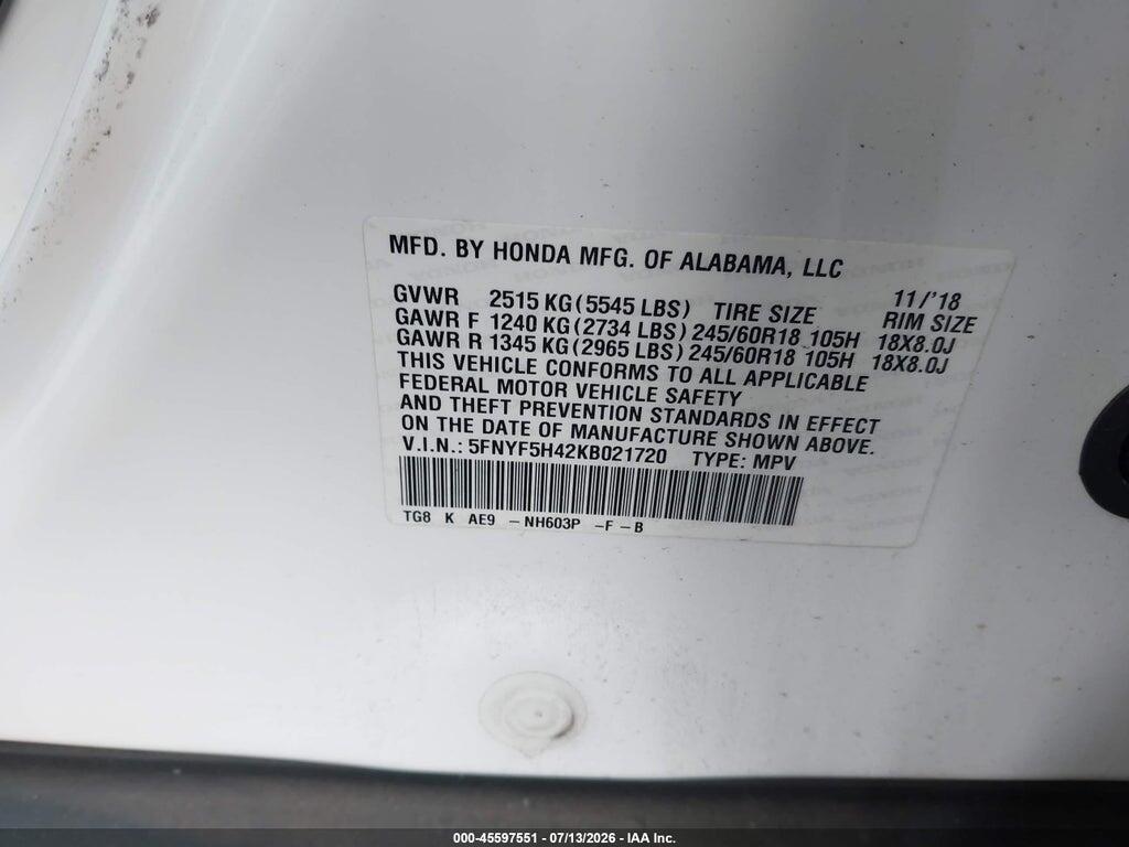 5FNYF5H42KB021720 2019 HONDA PILOT photo no. 9