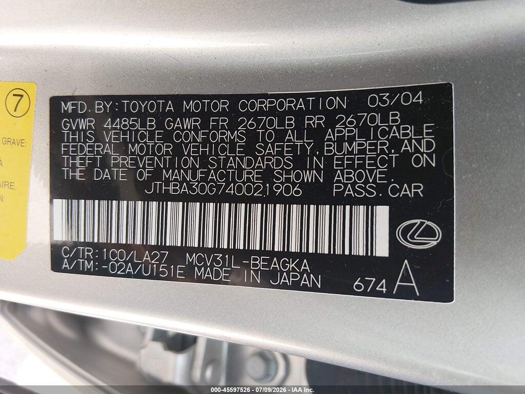 JTHBA30G740021906 2004 LEXUS ES 330 photo no. 9