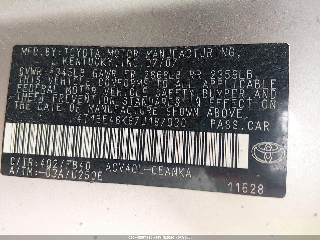 4T1BE46K87U187030 2007 TOYOTA CAMRY photo no. 9