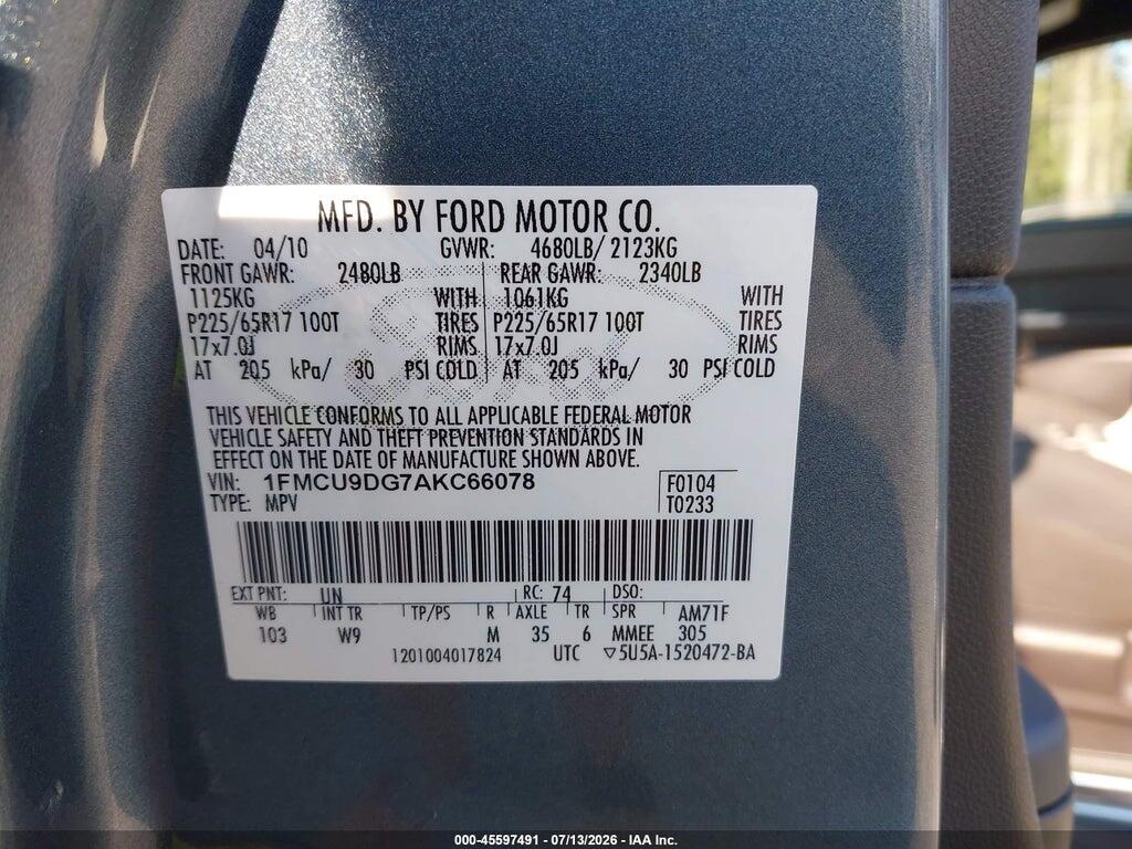 1FMCU9DG7AKC66078 2010 FORD ESCAPE photo no. 9
