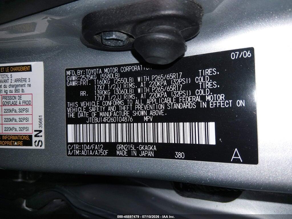 JTEBU14R260104876 2006 TOYOTA 4RUNNER photo no. 9