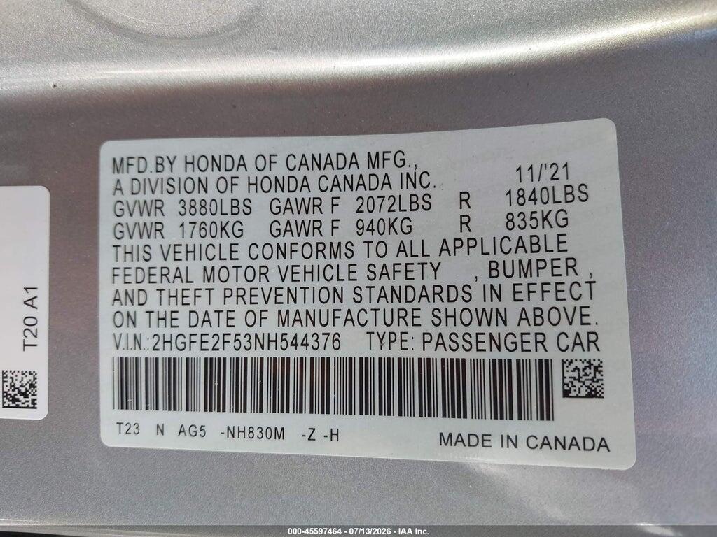 2HGFE2F53NH544376 2022 HONDA CIVIC photo no. 9