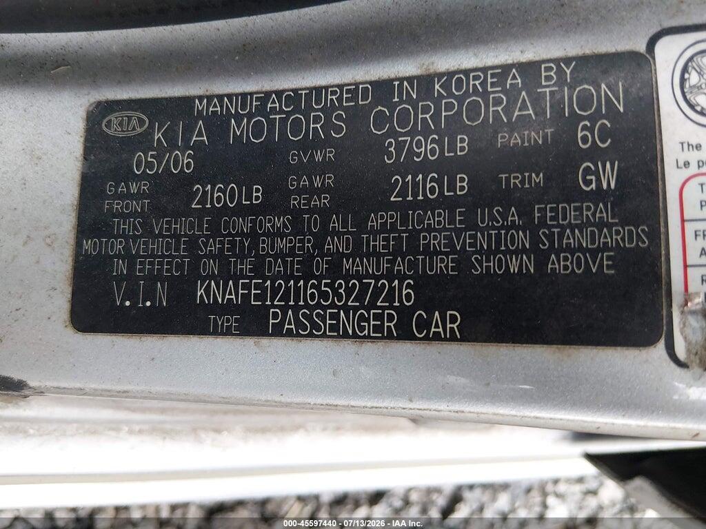 KNAFE121165327216 2006 KIA SPECTRA photo no. 9