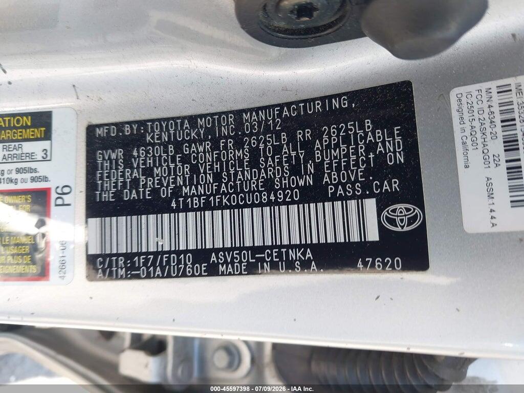 4T1BF1FK0CU084920 2012 TOYOTA CAMRY photo no. 9