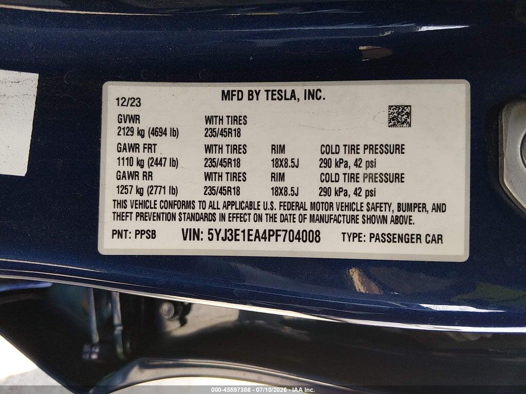 5YJ3E1EA4PF704008 2023 TESLA MODEL 3 photo no. 9