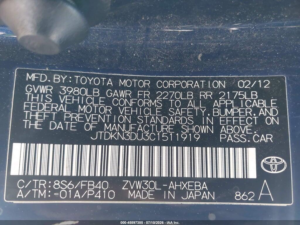 JTDKN3DU3C1511919 2012 TOYOTA PRIUS photo no. 9