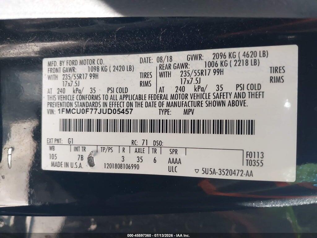 1FMCU0F77JUD05457 2018 FORD ESCAPE photo no. 9