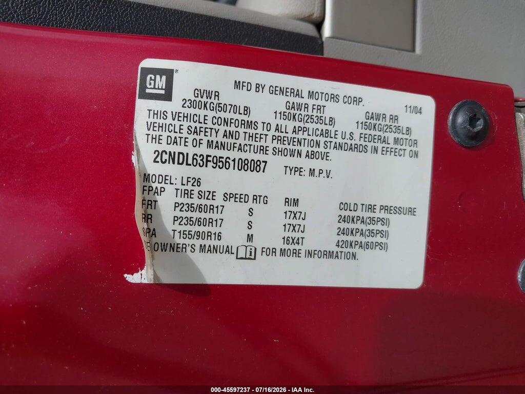 2CNDL63F956108087 2005 CHEVROLET EQUINOX photo no. 9