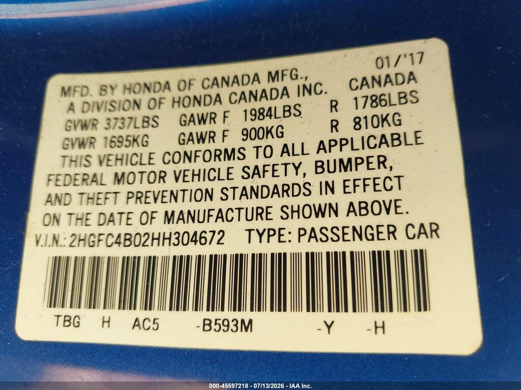 2HGFC4B02HH304672 2017 HONDA CIVIC photo no. 9