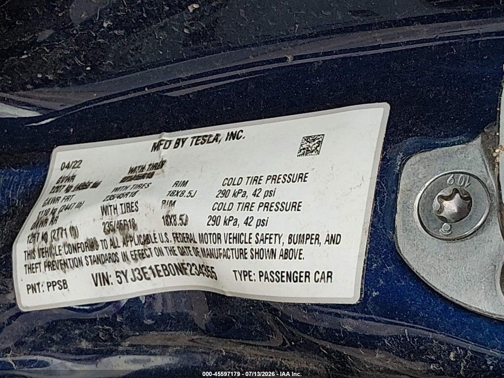 5YJ3E1EB0NF234355 2022 TESLA MODEL 3 photo no. 9