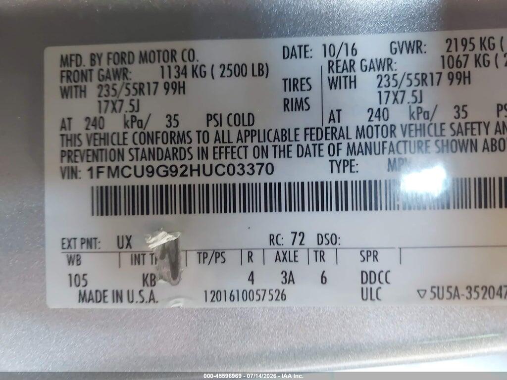 1FMCU9G92HUC03370 2017 FORD ESCAPE photo no. 9