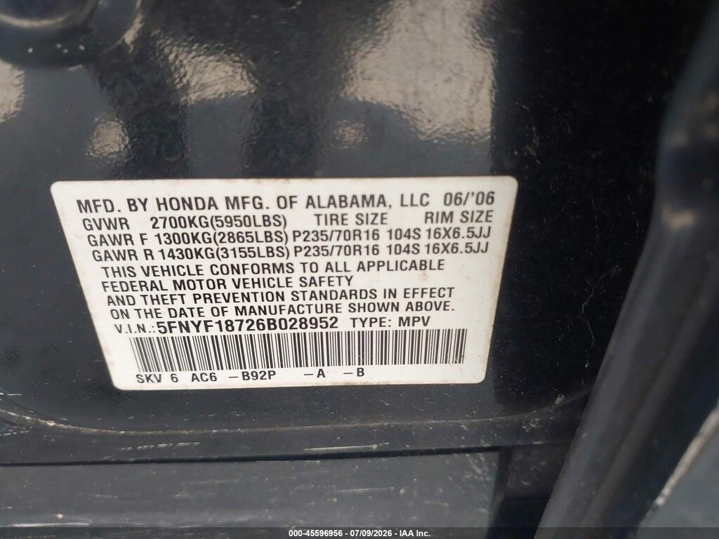 5FNYF18726B028952 2006 HONDA PILOT photo no. 9