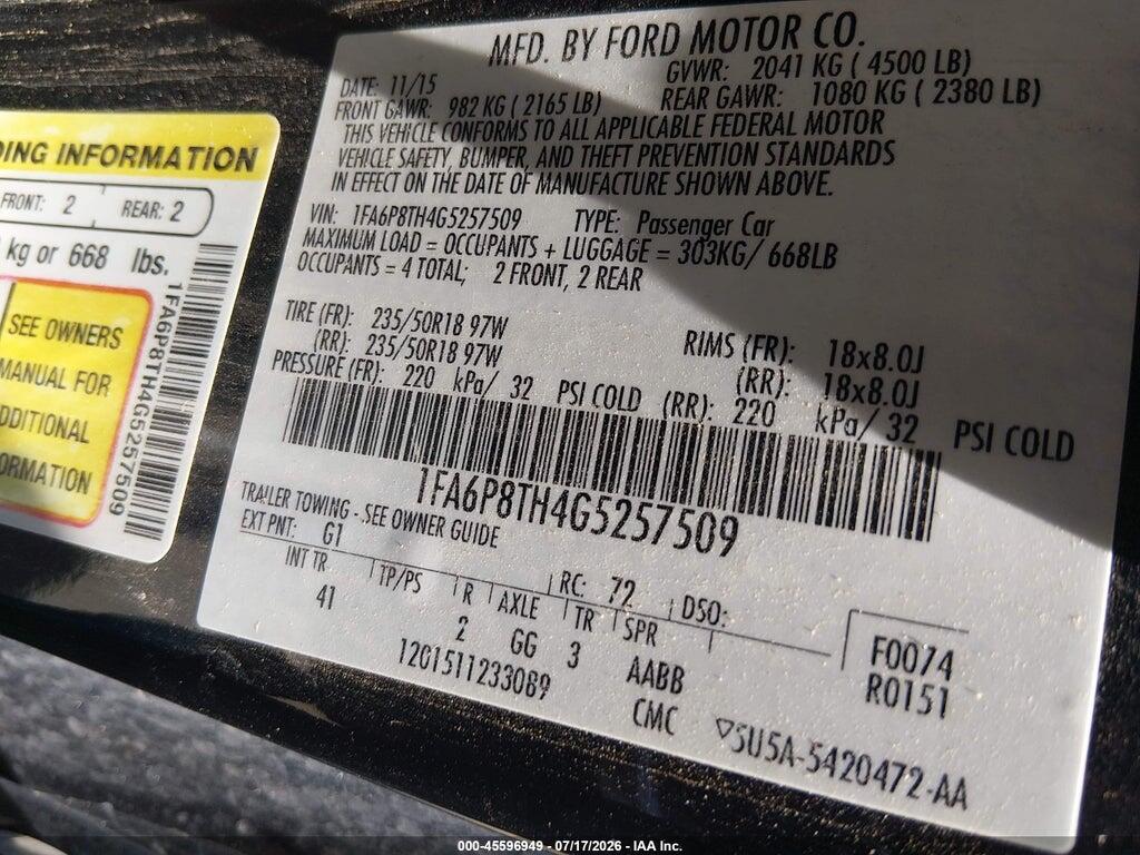 1FA6P8TH4G5257509 2016 FORD MUSTANG photo no. 9