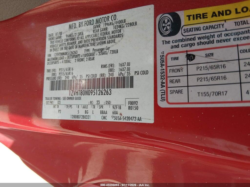 1ZVHT80N095126263 2009 FORD MUSTANG photo no. 9
