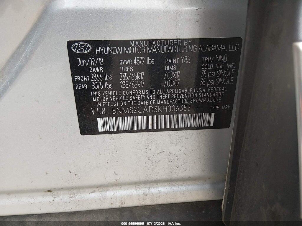 5NMS2CAD3KH006352 2019 HYUNDAI SANTA FE photo no. 9