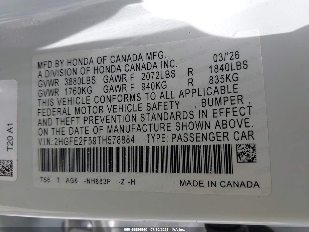 2HGFE2F59TH578884 2026 HONDA CIVIC photo no. 9
