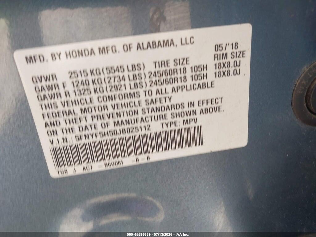 5FNYF5H50JB025112 2018 HONDA PILOT photo no. 9