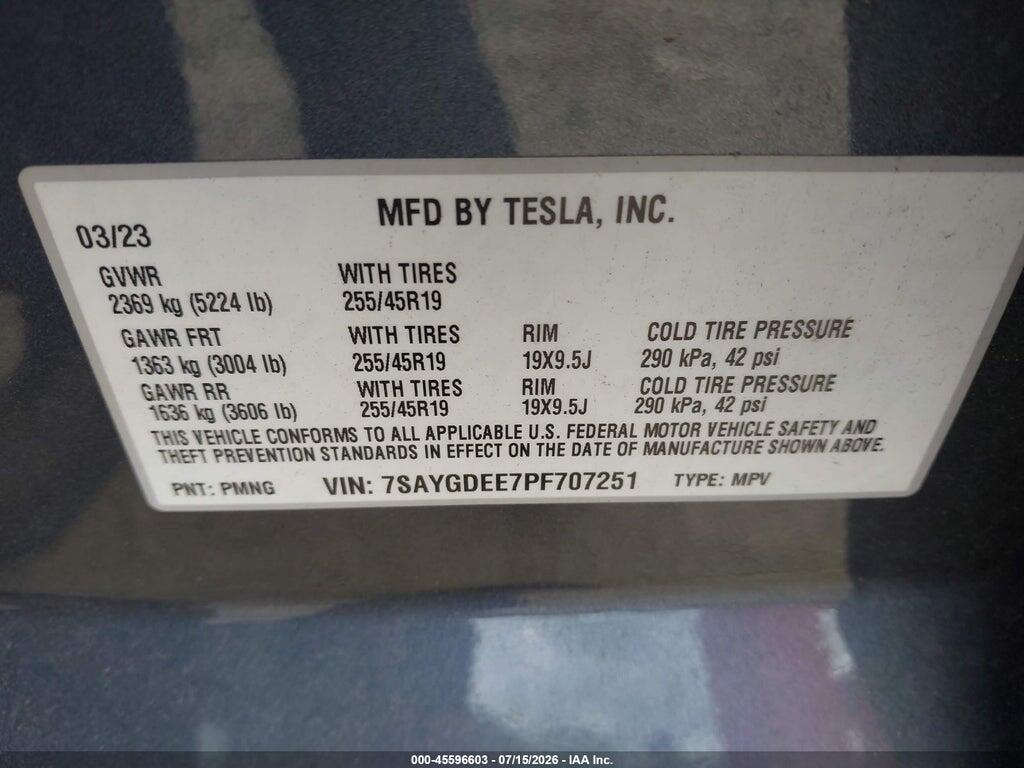 7SAYGDEE7PF707251 2023 TESLA MODEL Y photo no. 9