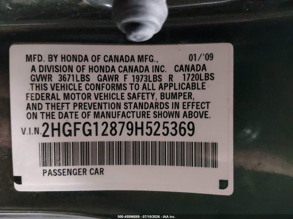 2HGFG12879H525369 2009 HONDA CIVIC photo no. 9