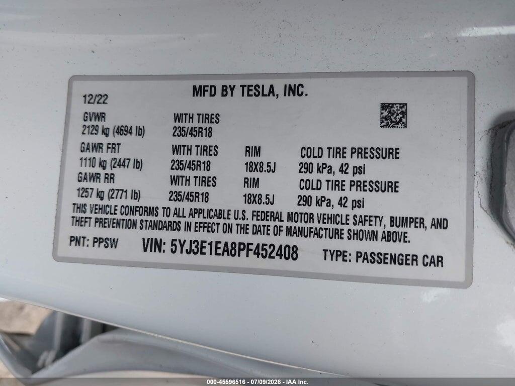 5YJ3E1EA8PF452408 2023 TESLA MODEL 3 photo no. 9