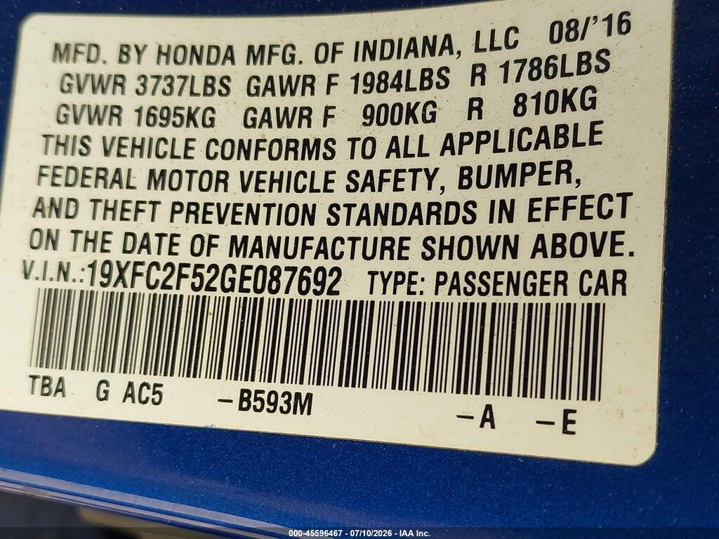 19XFC2F52GE087692 2016 HONDA CIVIC photo no. 9