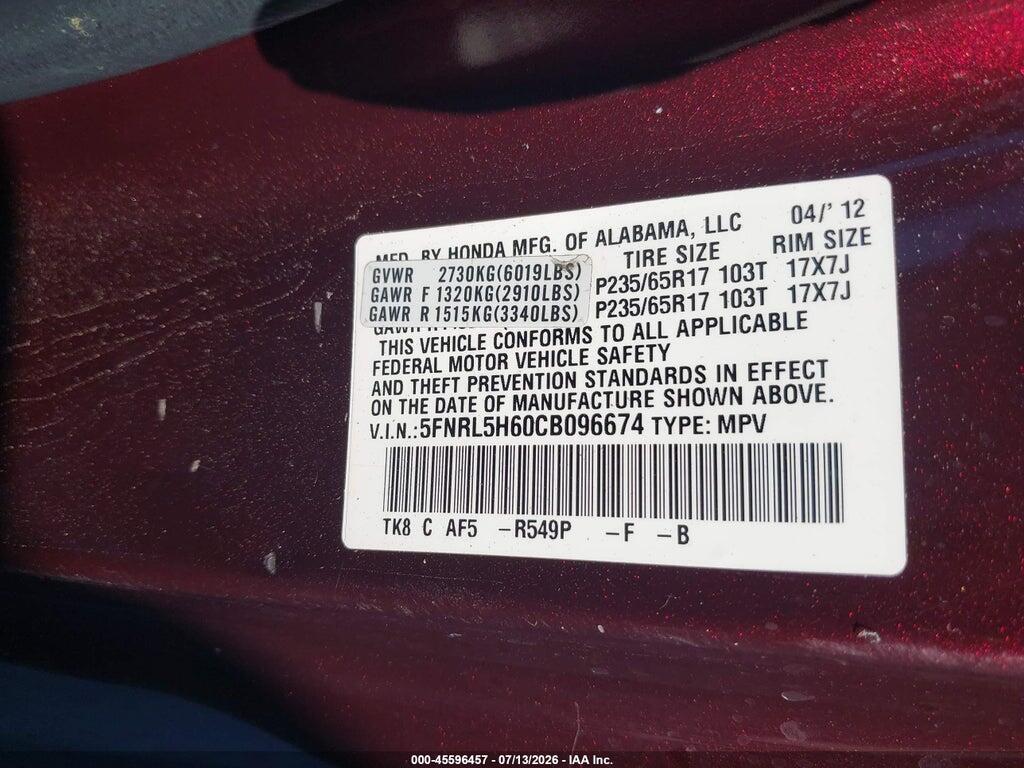 5FNRL5H60CB096674 2012 HONDA ODYSSEY photo no. 9