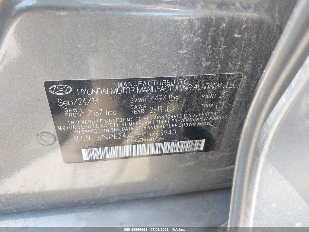 5NPE24AF2KH743940 2019 HYUNDAI SONATA photo no. 9