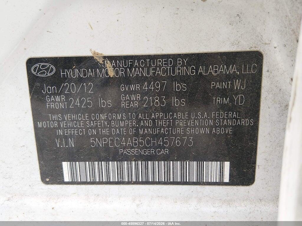 5NPEC4AB5CH457673 2012 HYUNDAI SONATA photo no. 9