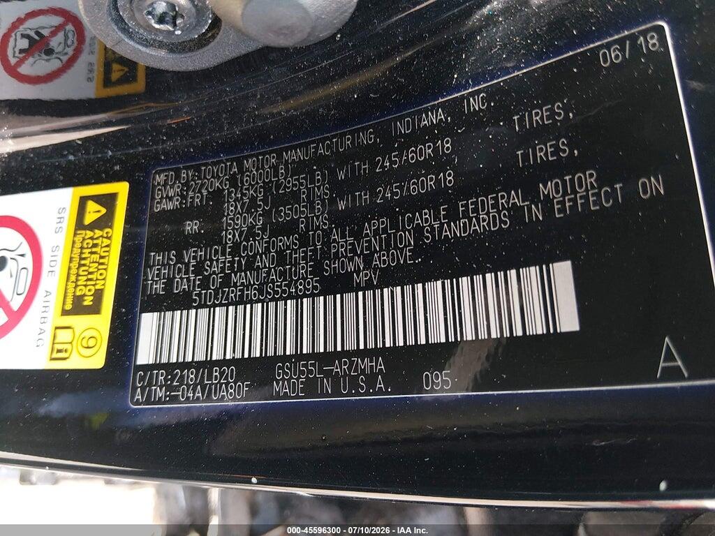 5TDJZRFH6JS554895 2018 TOYOTA HIGHLANDER photo no. 9