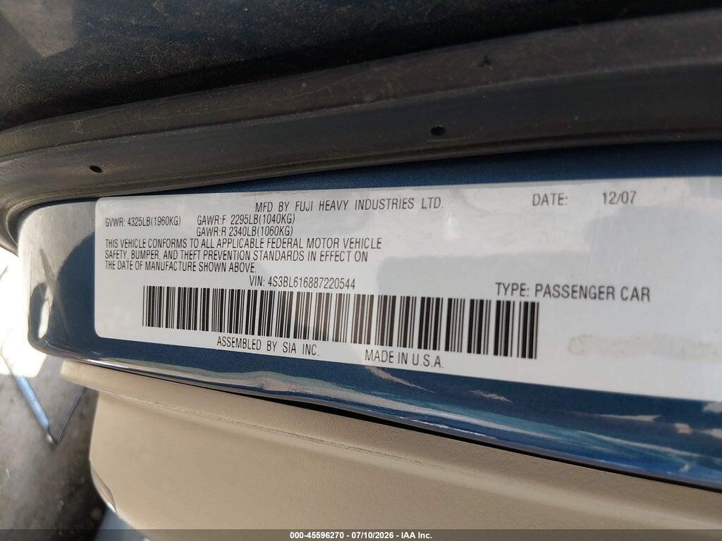 4S3BL616887220544 2008 SUBARU LEGACY (NATL photo no. 9