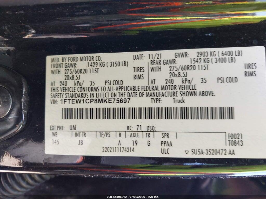 1FTEW1CP8MKE75697 2021 FORD F-150 photo no. 9
