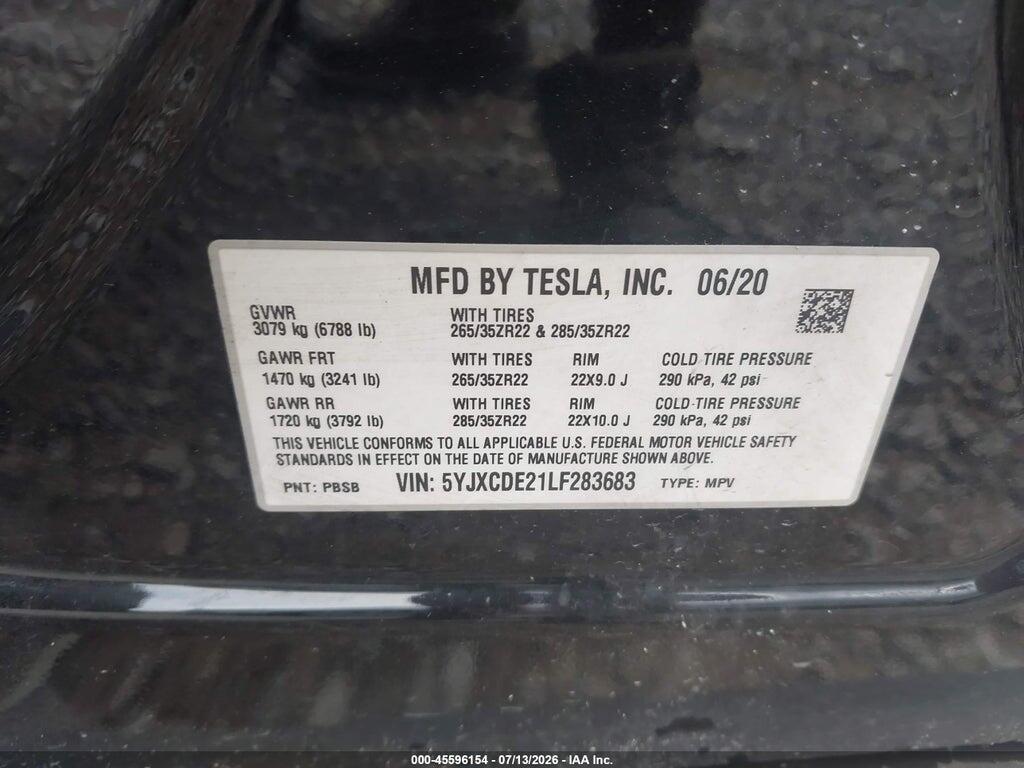 5YJXCDE21LF283683 2020 TESLA MODEL X photo no. 9