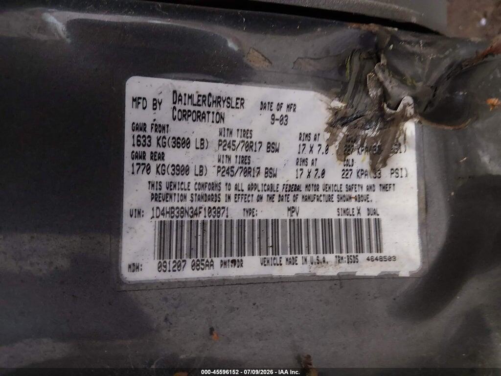 1D4HB38N34F103871 2004 DODGE DURANGO photo no. 9