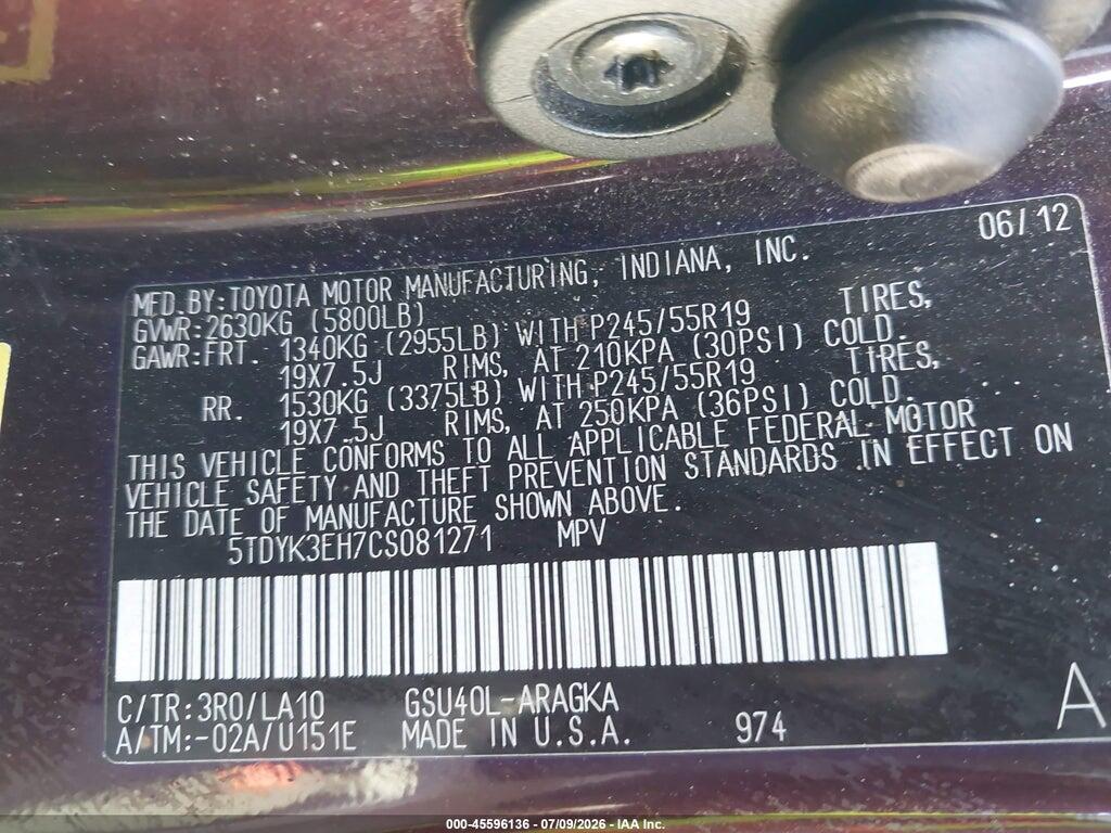 5TDYK3EH7CS081271 2012 TOYOTA HIGHLANDER photo no. 9