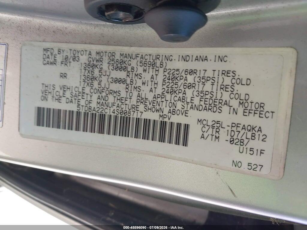 5TDBA22C14S008717 2004 TOYOTA SIENNA photo no. 9