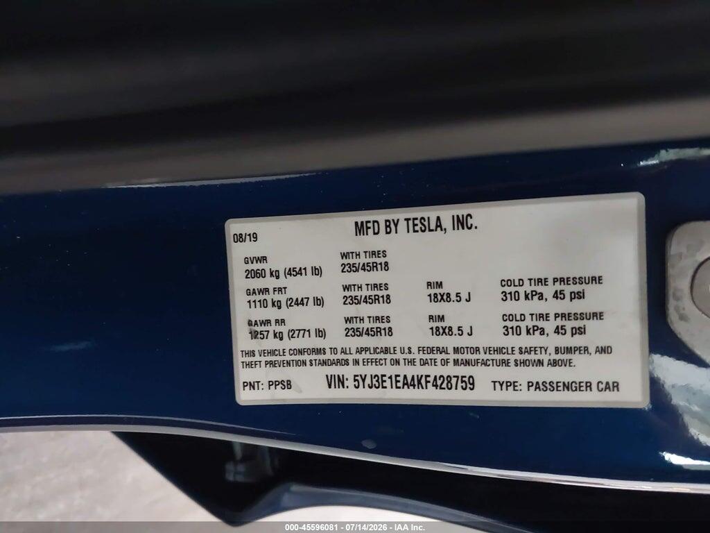 5YJ3E1EA4KF428759 2019 TESLA MODEL 3 photo no. 9