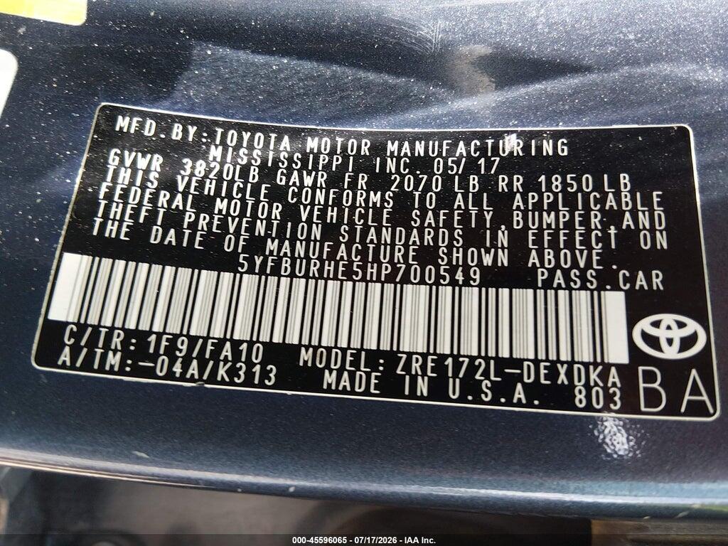 5YFBURHE5HP700549 2017 TOYOTA COROLLA photo no. 9