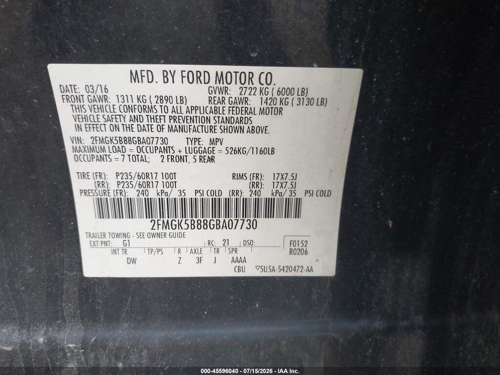 2FMGK5B88GBA07730 2016 FORD FLEX photo no. 9