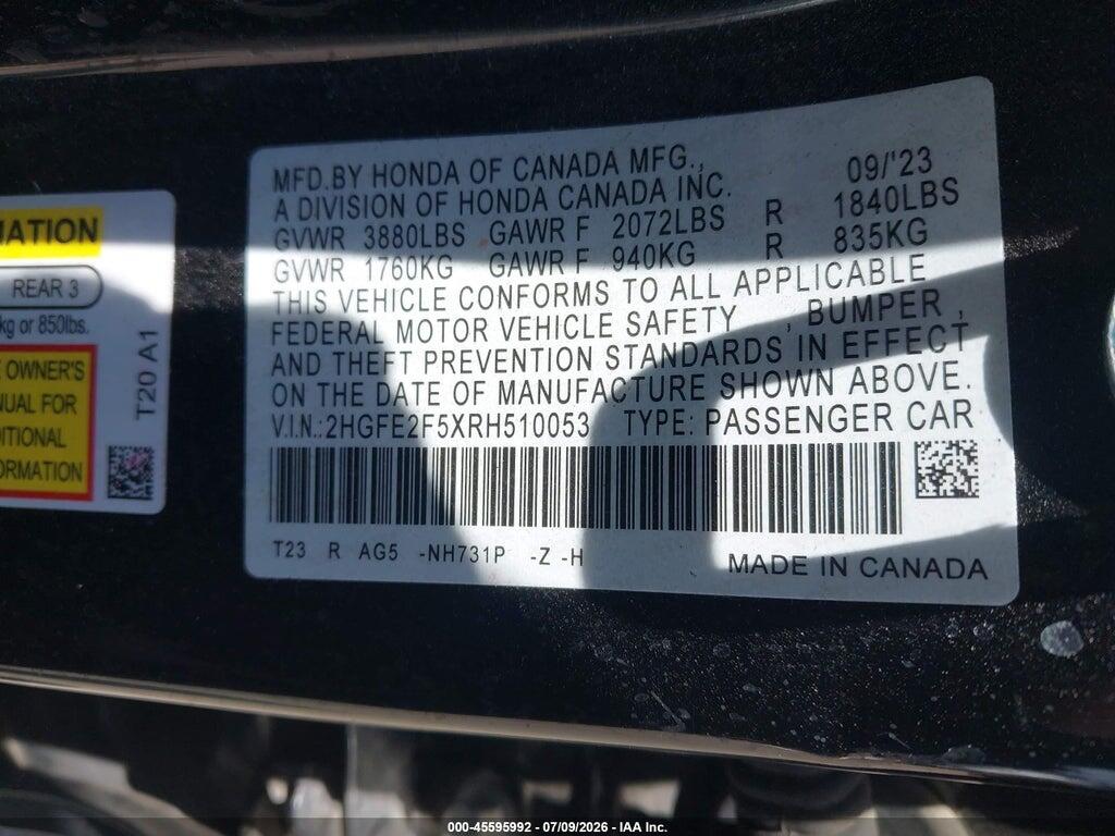 2HGFE2F5XRH510053 2024 HONDA CIVIC photo no. 9
