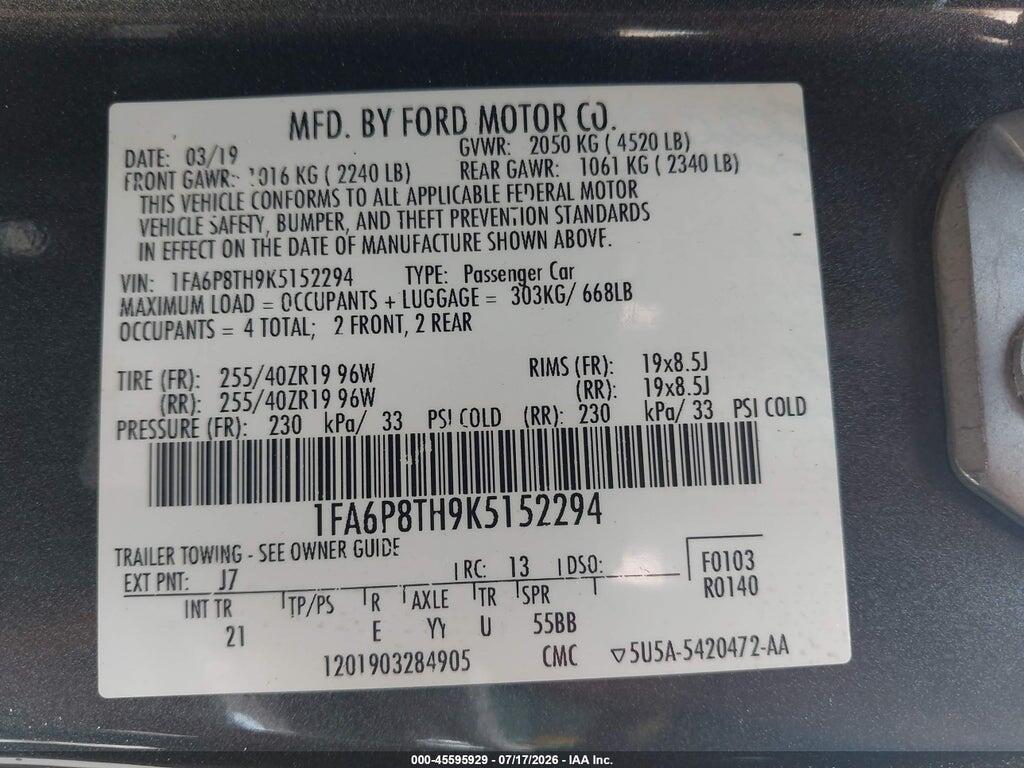 1FA6P8TH9K5152294 2019 FORD MUSTANG photo no. 9