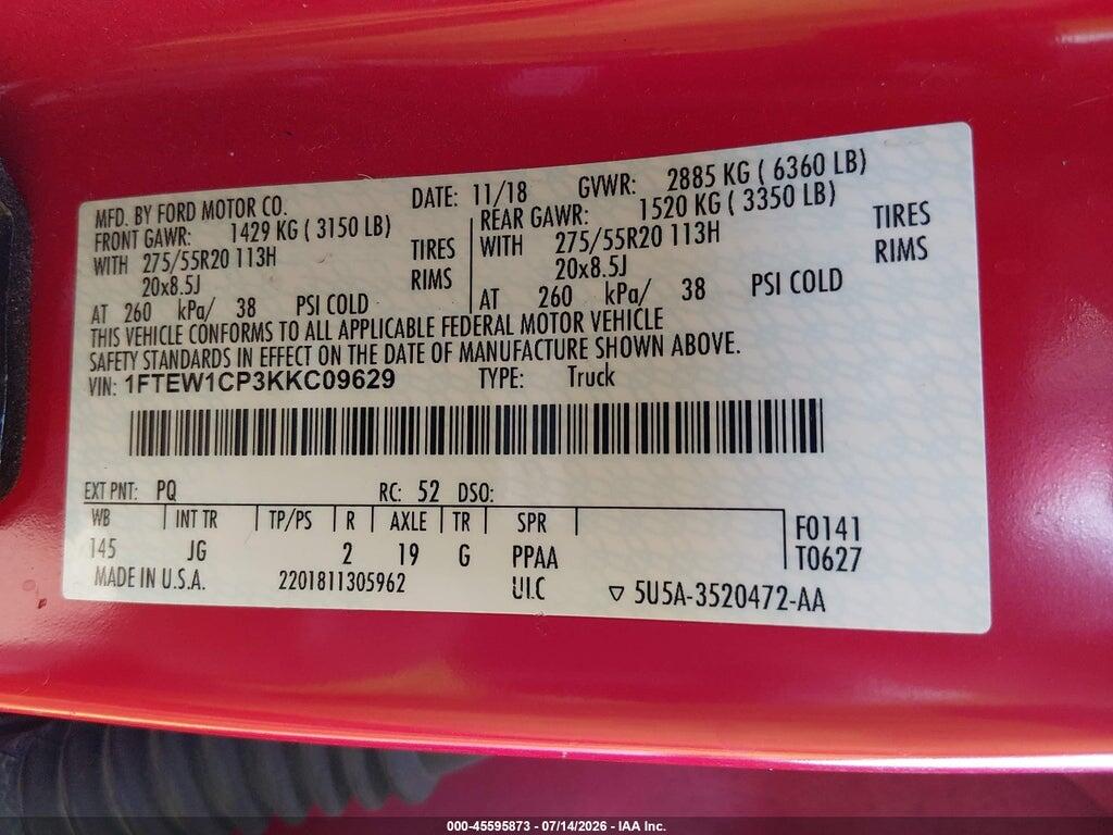 1FTEW1CP3KKC09629 2019 FORD F-150 photo no. 9